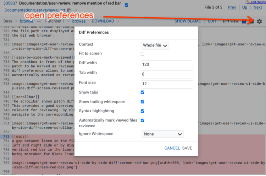 user review ui side by side diff screen preferences